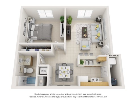 Floor plan for 1 bed, 1 bath, 645 sqft